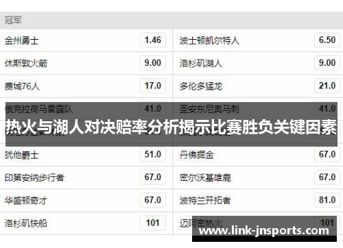 热火与湖人对决赔率分析揭示比赛胜负关键因素
